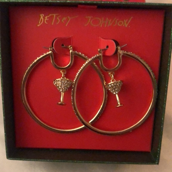 Betsey Johnson Gold Tone Hoop Earrings With Martini Charm & Crystal Accents NIB - Picture 3 of 13